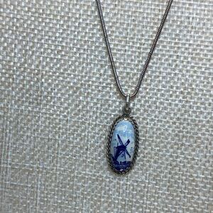 Vintage Delft Blue Sterling Silver Porcelain Holland Windmill Pendant Necklace